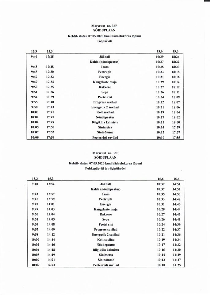 С 7 мая до конца ЧП на линии Нарва - «Прогресс» - «Эрегетик-2» - Рийгикюла - Пеэтерристи будет работать автобус №36Р. Смотрите расписание!